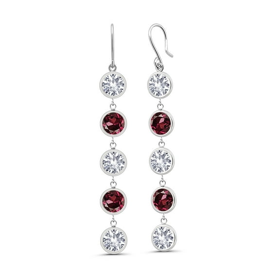 Gem Stone King 10.00 Ct White Created Sapphire Red Rhodolite Garnet 925 Sterling Silver Earrings