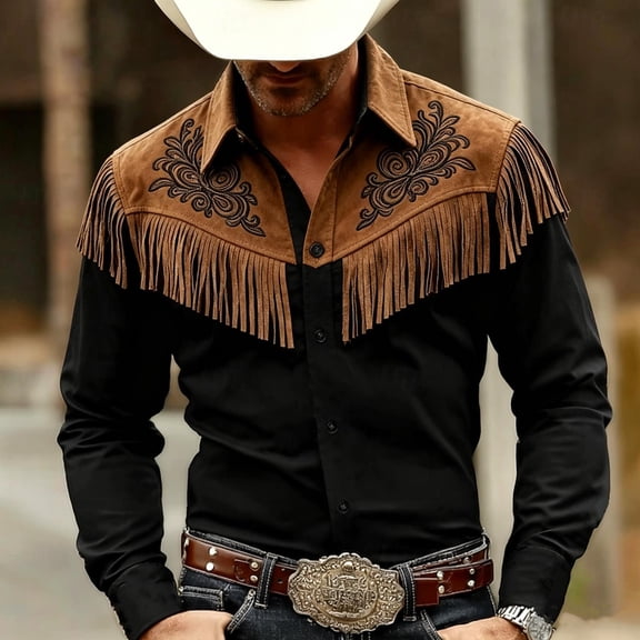 Zysthvn Western Cowboy Casual Shirts for Men Fringe Long Sleeve Fall Men's T Shirts Vintage Solid Lapel Button Tassel Tops