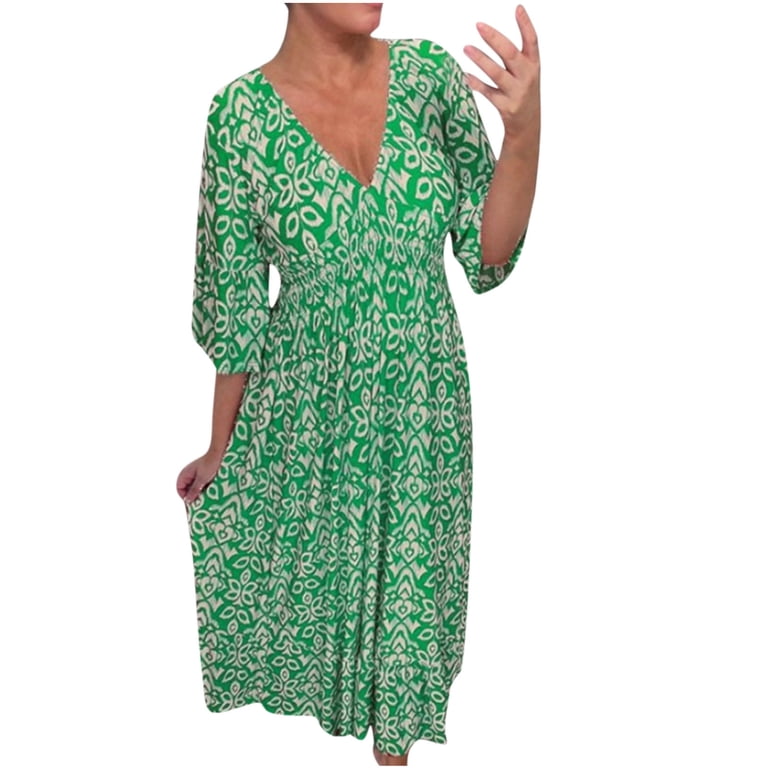 boho junior dresses CALAFEBILA Womens 3/4 Sleeve V-neck Floral Maxi Sun Dress Elastic Waist Long Dresses Color:Camellia Jacquard Navy Brie Silk Dress self fabric_printed satin twill complemented by ric