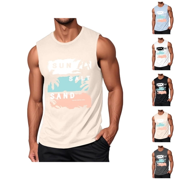 Beach Tank Tops for Men Sun Salt Sand Graphic Casual Crewneck Sleeveless Shirt Hawaii Tropical Vacation Tops