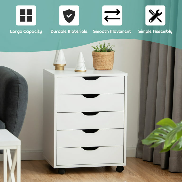 White Wooden Storage Cabinet Organizer with 4 Casters