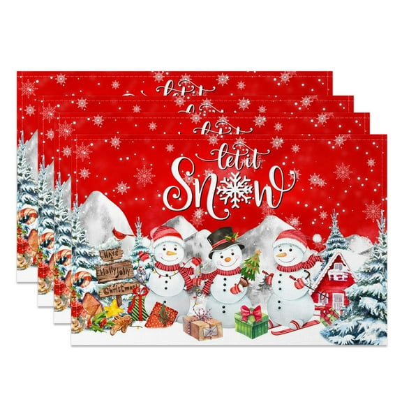 SUNOLIFE Christmas Snowman Placemats Set of 4,Let it Snow Winter Table Place Mats 12x18 inch