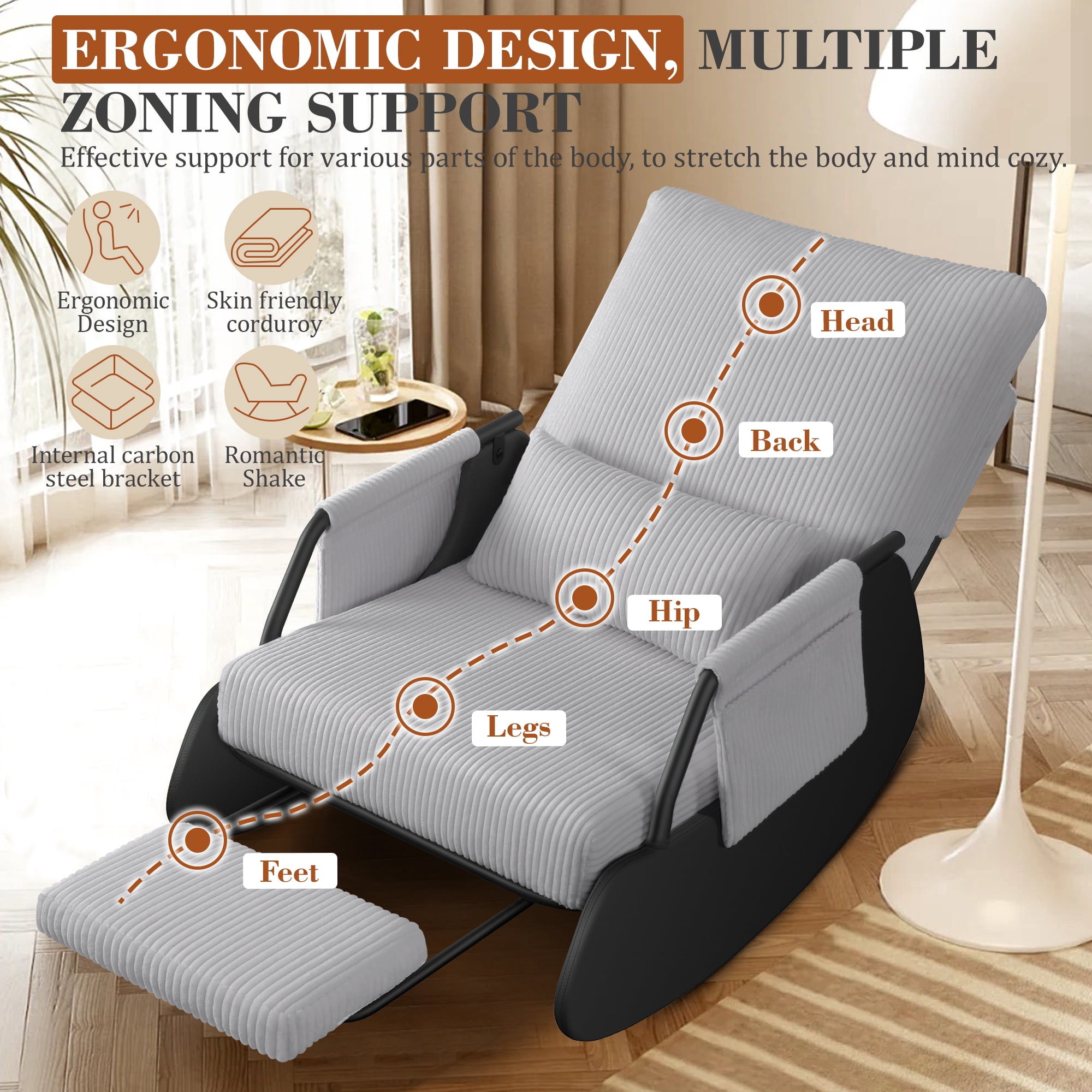 Primy Nursery Rocking Chair, Low-Seat Glider Chair, Upholstered Rocking Accent Chair Recliner with Side Pocket and Foot Rest for Mom Nursery Living Room Bedroom