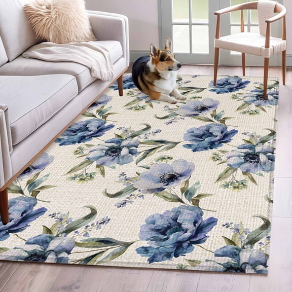 Navy Blue Floral Area Rugs 2.7'x5', Washable Small Throw Rugs for Kitchen Bedroom, Vintage Flowers Elegant Pastoral Rustic Indoor Outdoor Rug Non-Slip Low Pile Carpet Runner Reversible Floor Mats