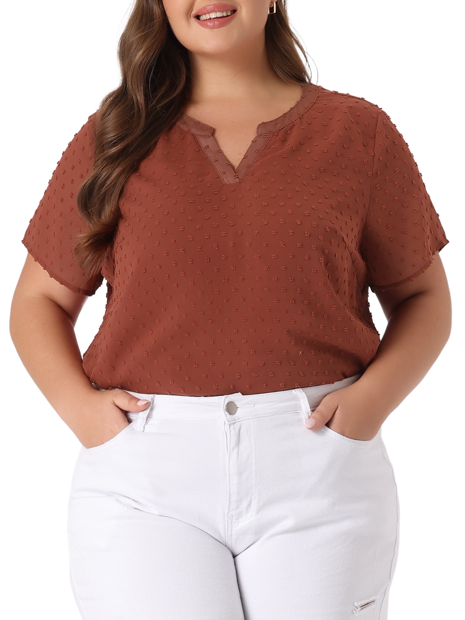 Unique Bargains Women's Plus Size Outfits Fashion Solid Pin Dots V Neck Top 1X Caramel