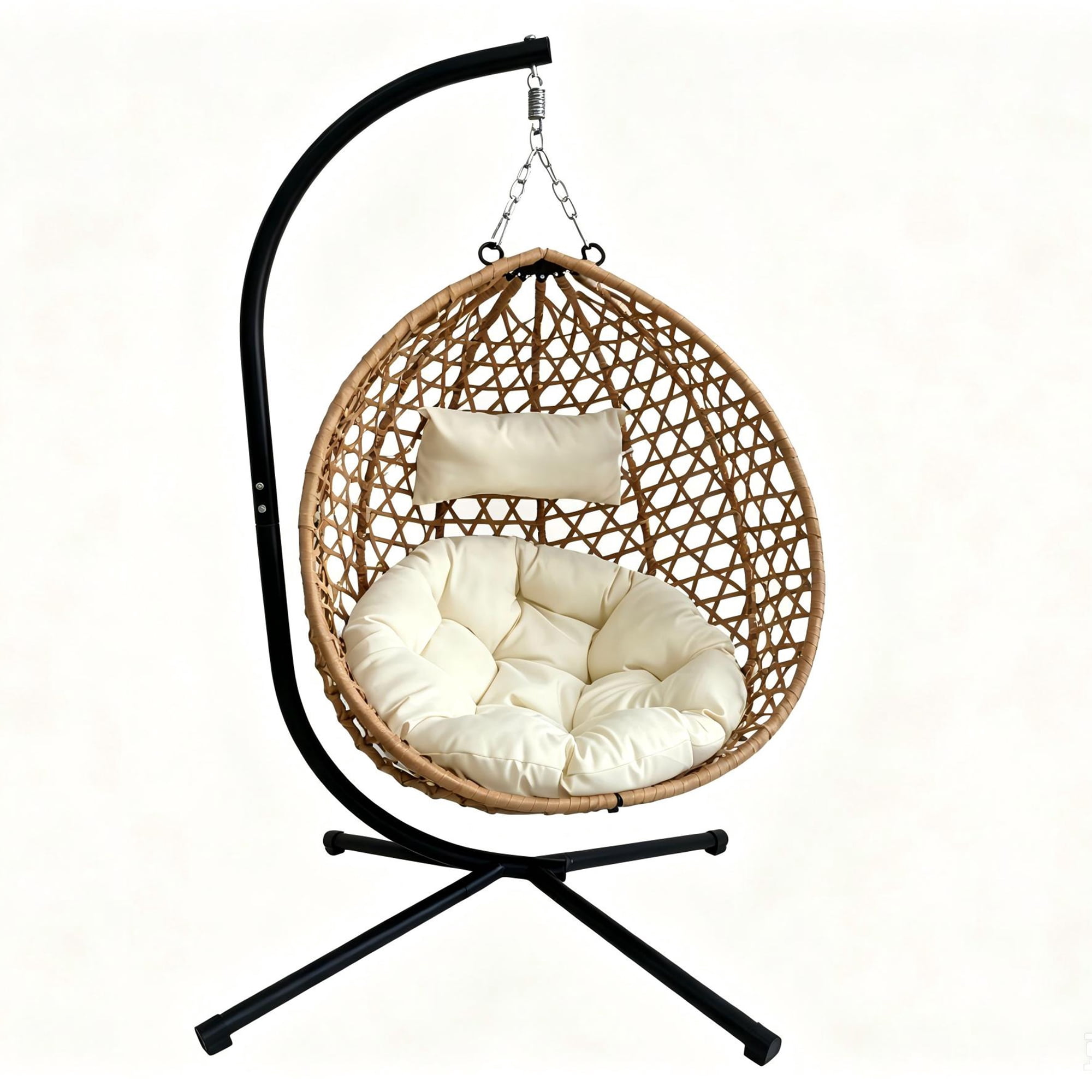 Foldable Hanging Egg Chair with Stand, HDPE Rattan Wicker Swing Chair with Washable Cushion, 350 LBS Anti-Rust Steel Frame for Indoor Bedroom Balcony Outdoor Patio Garden