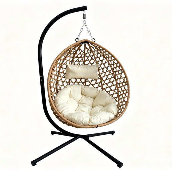 Foldable Hanging Egg Chair with Stand, HDPE Rattan Wicker Swing Chair with Cushion, Heavy Duty Frame 350 Lbs Capacity, Outdoor Patio Indoor Bedroom Balcony, Beige Yellow