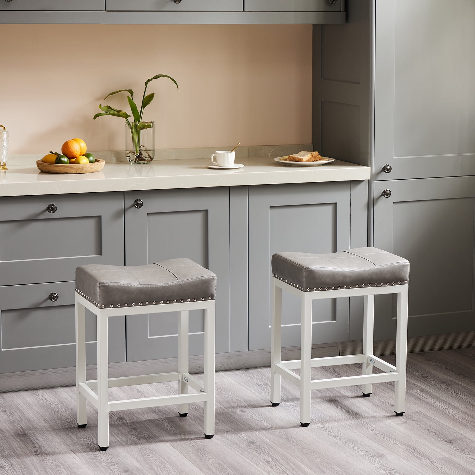 MAYEERTY Bar Stools Set of 2, Modern Counter Height, Kitchen Barstools with Metal Base, PU Leather Saddle Seats for Kitchen Island, Gray