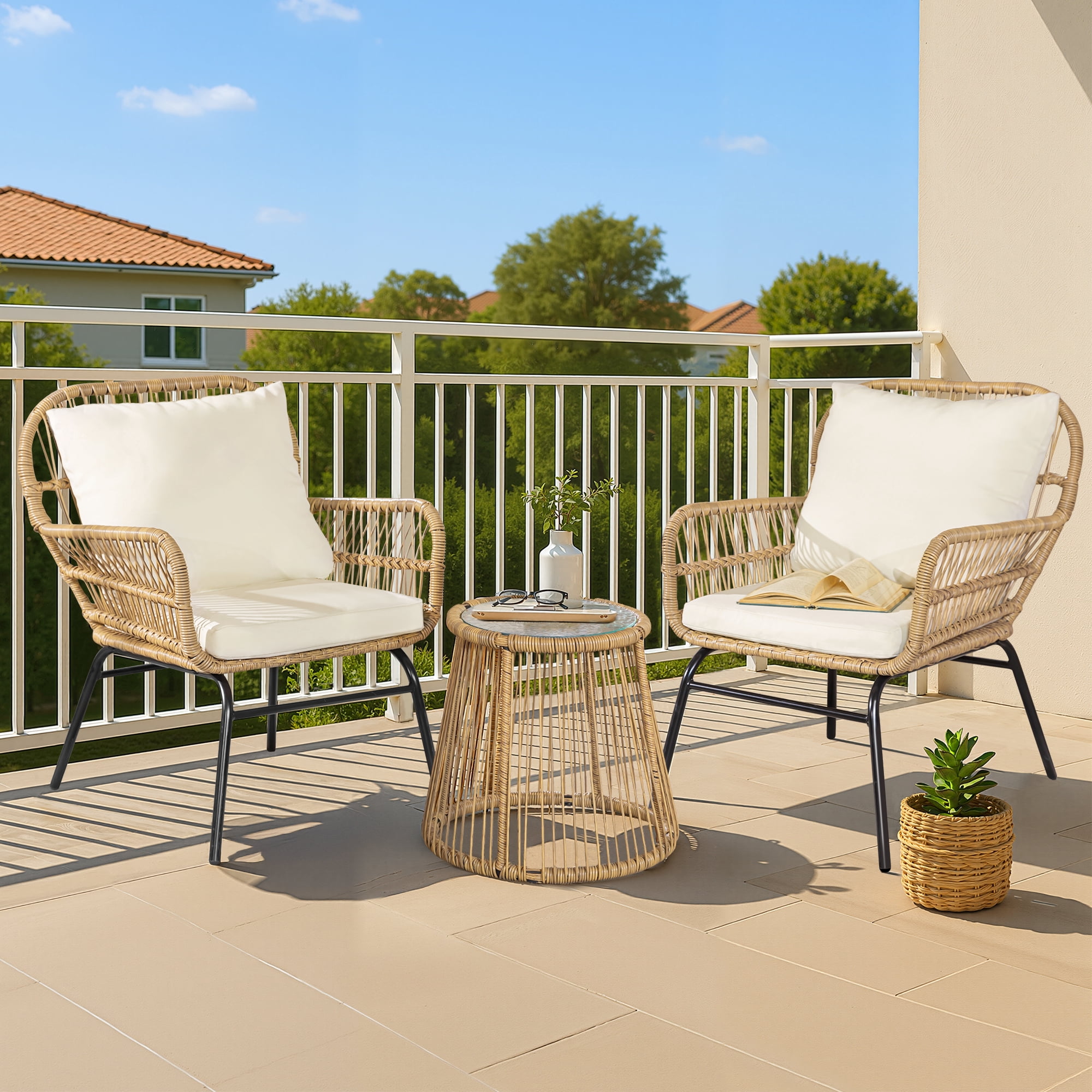 RADIATA 3-Piece Patio Boho Furniture Set with Ajustable Feet, Boho Outdoor Conversation Set with Table, Sofa Seating Set with Thick Cushion for Backyard Lawn Garden, Beige