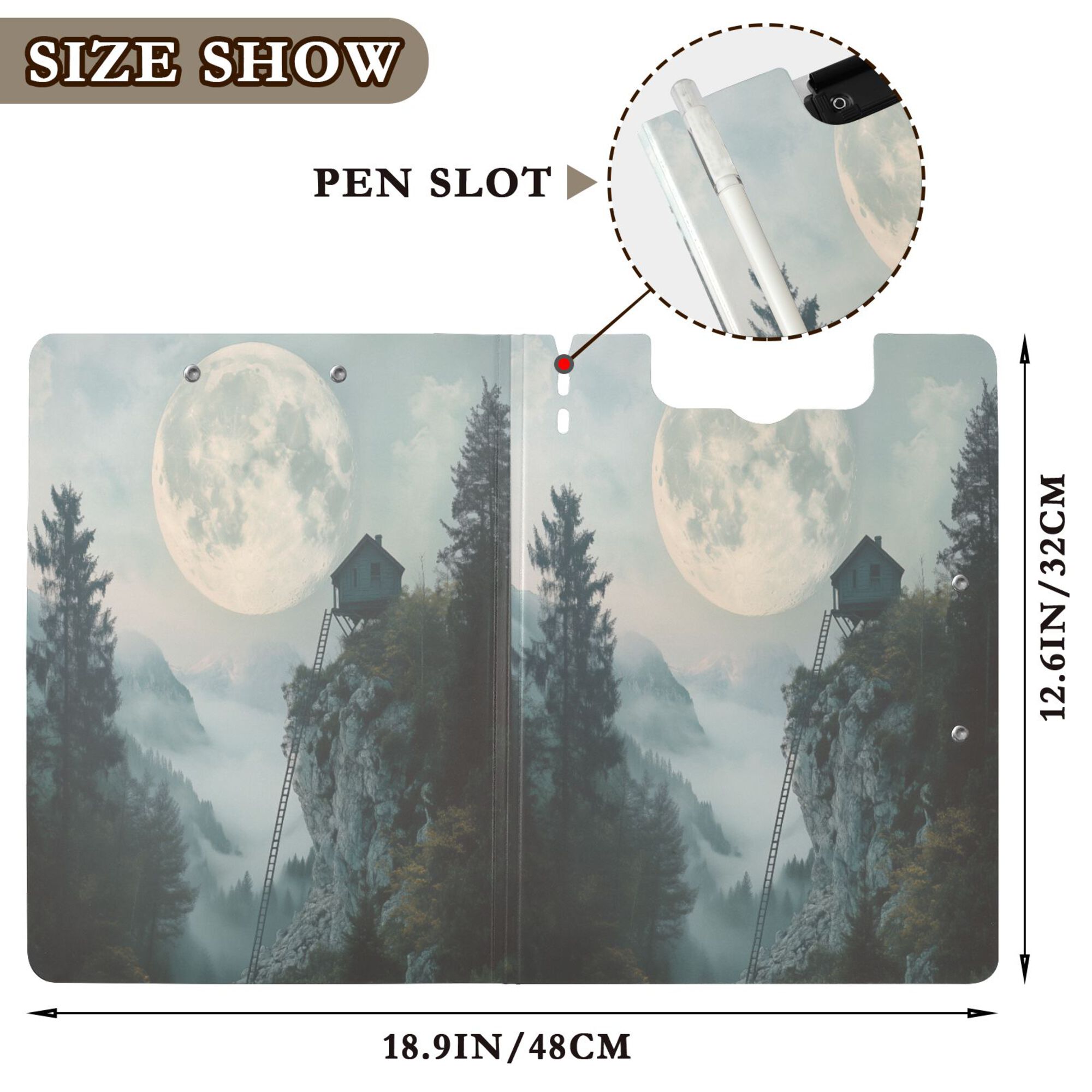 FORMRS A4 Clipboard Folder with Pen Holder Horizontal Foldable School Office Binder, Moon and House