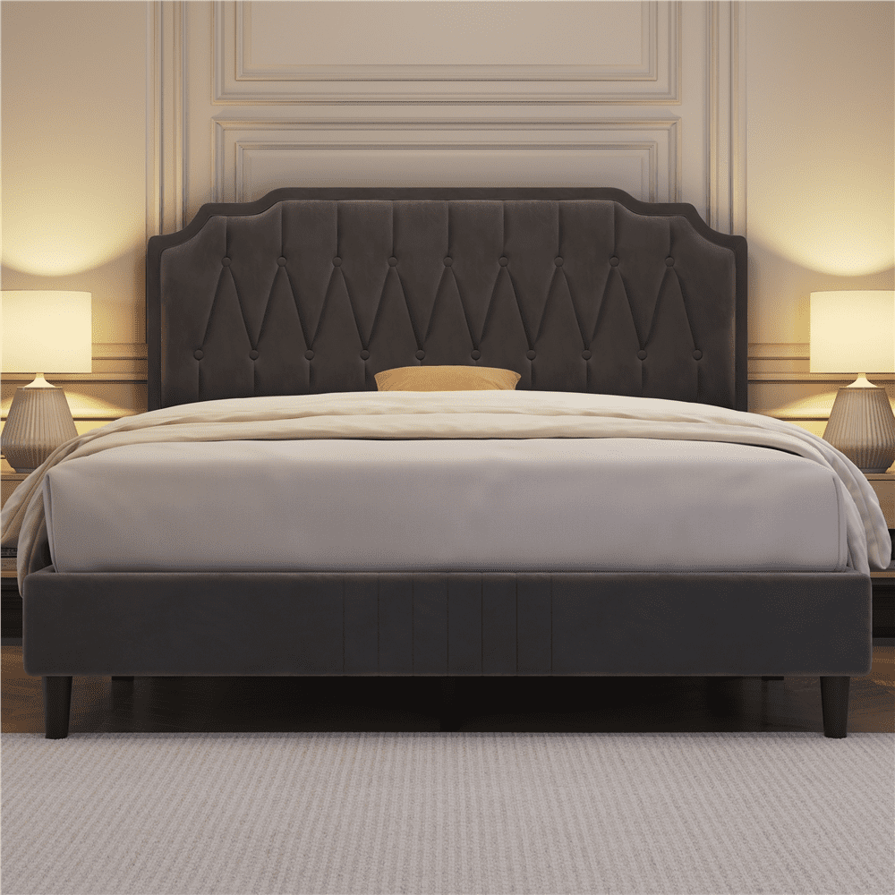 Yaheetech Queen Size Upholstered Bed Frame with Wooden Slat Support, Dark Gray