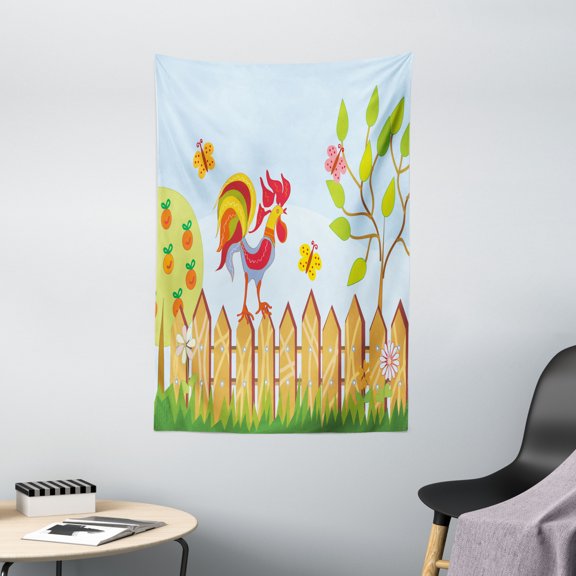 Farm House Decor Tapestry, Border with Rooster Tree Butterfly and Flowers in Summer Kids Cartoon Print, Wall Hanging for Bedroom Living Room Dorm Decor, 40W X 60L Inches, Multi, by Ambesonne