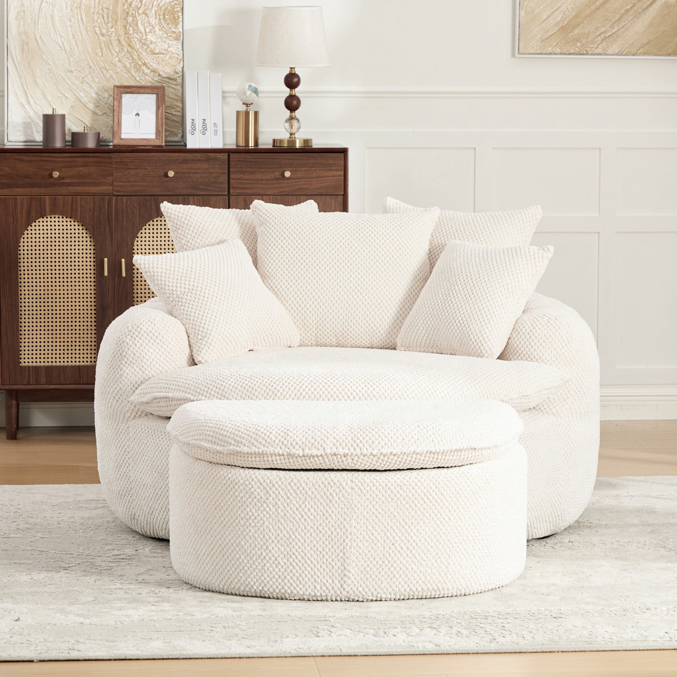 GDF Studio 53.15-Inch Oversized Pumpkin-Shaped Lounge Chair with Footstool Ottoman, Beige