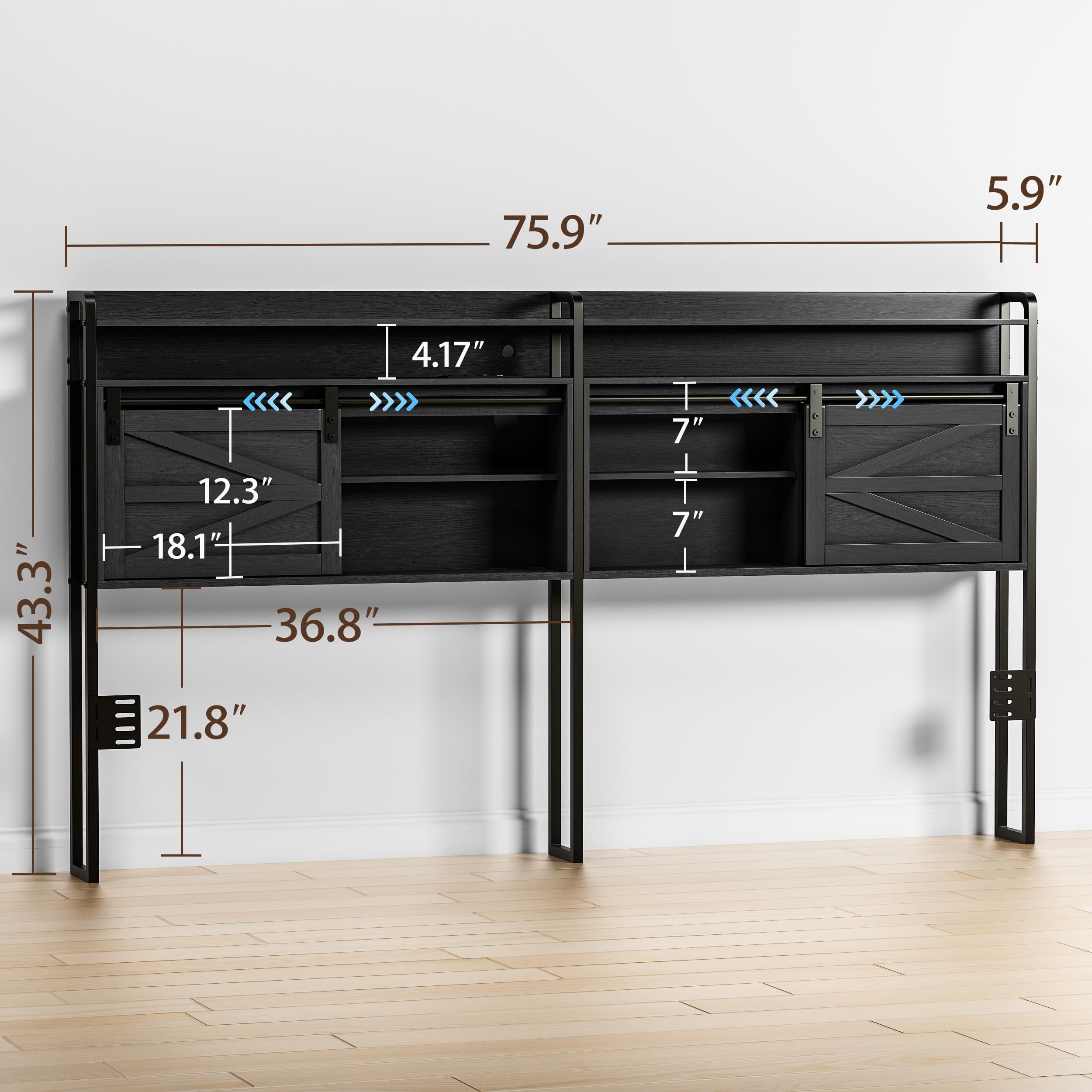 Akaber King Size Headboard, 3 Tier Storage Headboard with Sliding Barn Doors, Outlets, USB Ports, LED Light, Width Adjustable for King Size Beds, Rustic Black