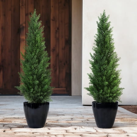 DR.Planzen Artificial Cedar Tree 2 Pack 3 ft Outdoor Artificial Topiary Cedar Plants Fake Tree UV Rated Potted Plants for Porch Decor Faux Pine Tree for Perfect Housewarming Gift