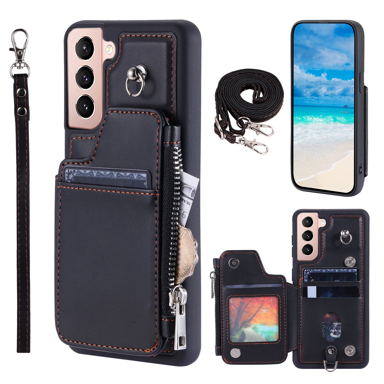 Compatible with Samsung Galaxy S22 PU Leather Clasp Flip Zipper Purse Case, with Shoulder Strap Lanyard for Women Credit Card Holder Cell Accessories Phone Cover for Samsung Galaxy S22, Black