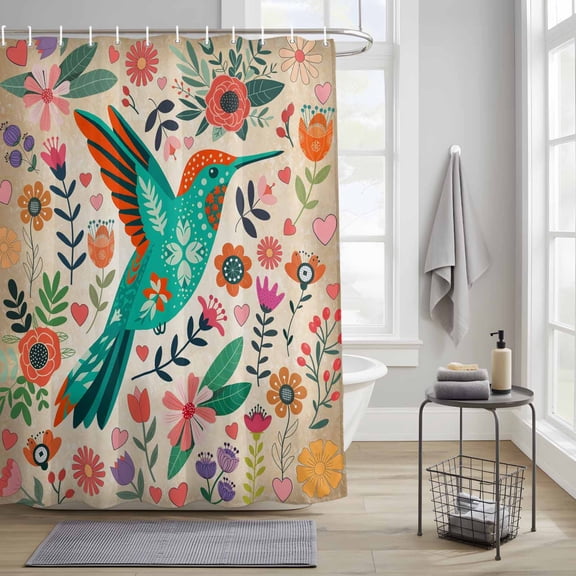 Bathroom Shower Curtain Watercolor Hummingbird Flower Waterproof Shower Curtains with Hooks, Farm Plant on Retro Brown Ombre Bath Curtains Bathtub Curtain Home Decor 36x72in