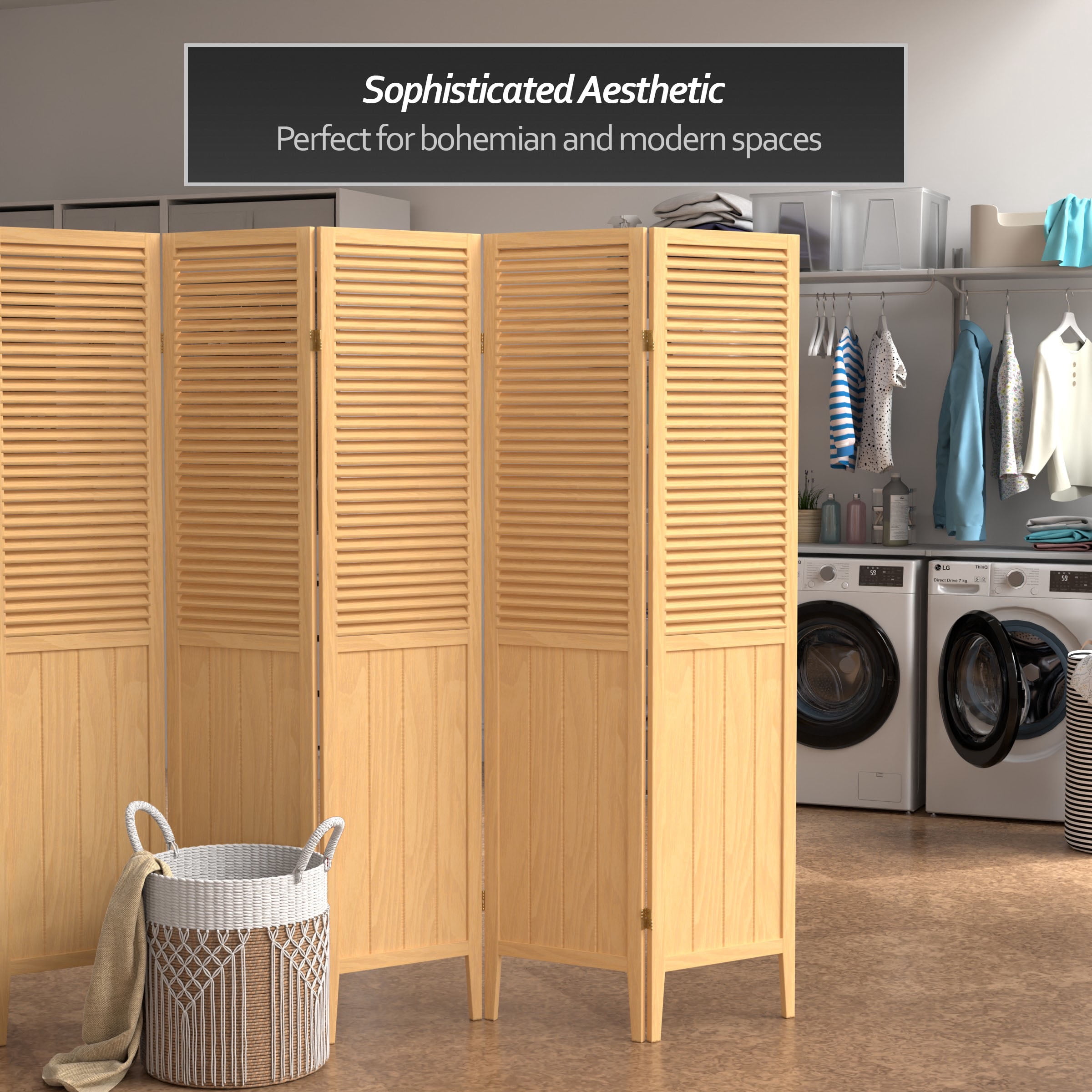 6 ft. Tall Beadboard Divider with Natural Finish - 5 Panel Adjustable Screen