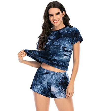 

Big Promotion!Women s Tie-dye Shorts Pajamas Suit Short-sleeved Pajamas Casual Pajamas Blue L