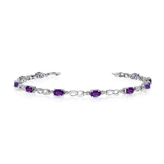 10K White Gold Oval Amethyst and Diamond Link Bracelet