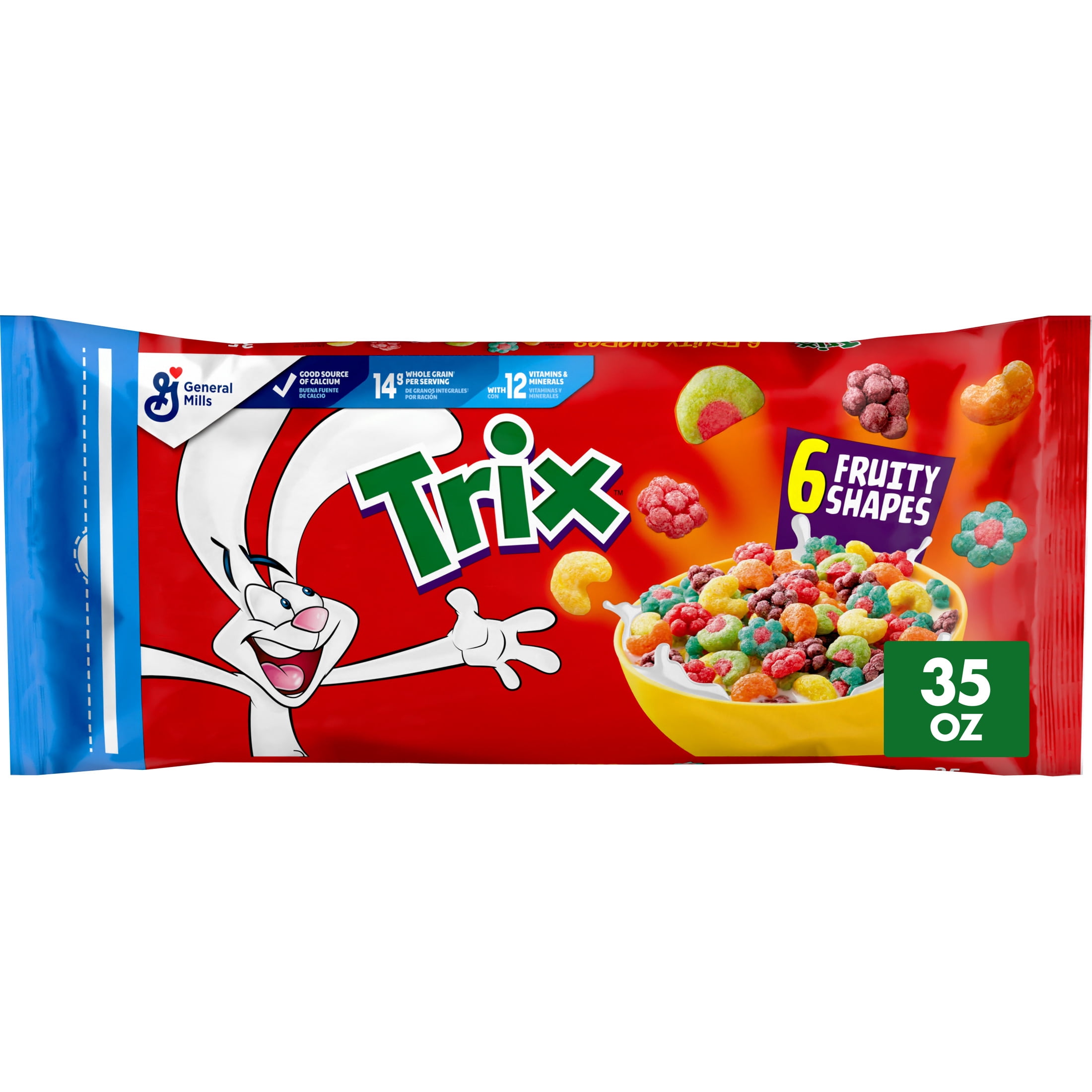 (3 pack) Trix Breakfast Cereal, 6 Fruity Shapes, Made with Whole Grain, 35 oz Resealable Bag