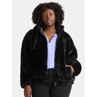 Time and Tru Women's and Women's Plus Faux Fur Hoodie Jacket, Sizes XS-2X