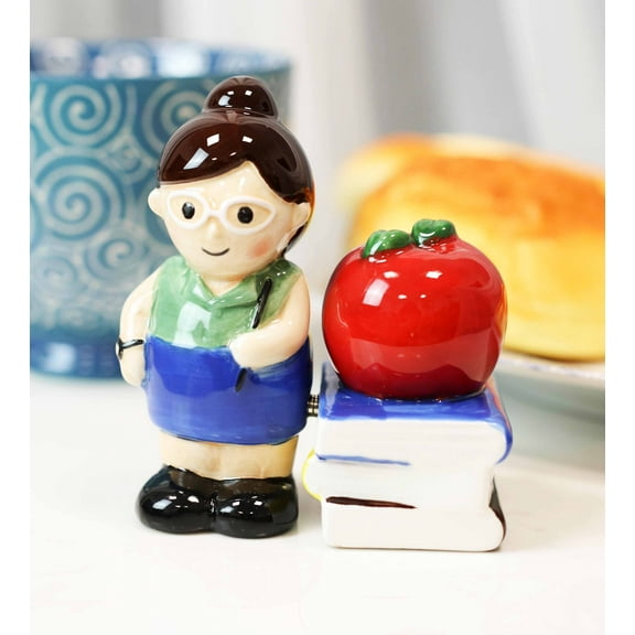 Ceramic Lady School Teacher And Red Apple Books Salt Pepper Shakers Figurine Set