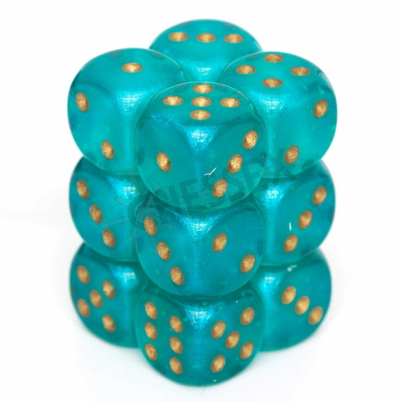 Chessex Borealis 16mm d6 Teal/Gold Luminary Dice Block (12 dice) (27785) , Blue