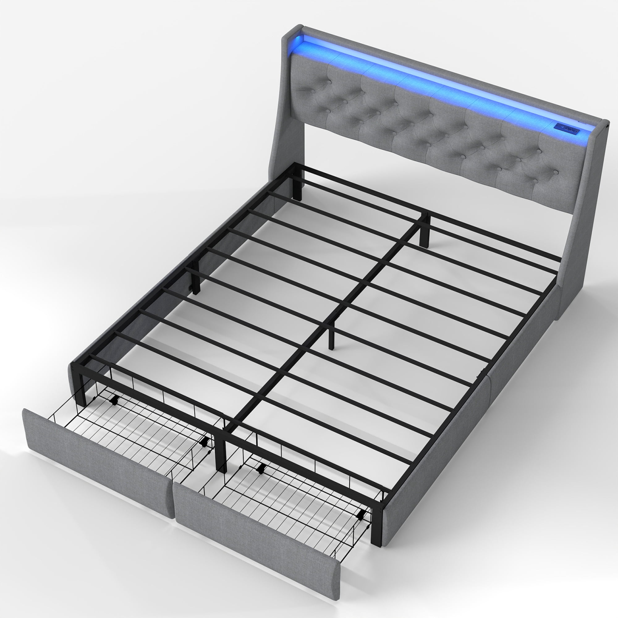 HOQBN Queen Size Metal Platform Bed Frame, Tufted Linen Headboard with 2 Foot Drawers, Remote RGB LED, USB Type-C AC Charging Station, 800LBS Noise Free Slat Support, No Box Spring