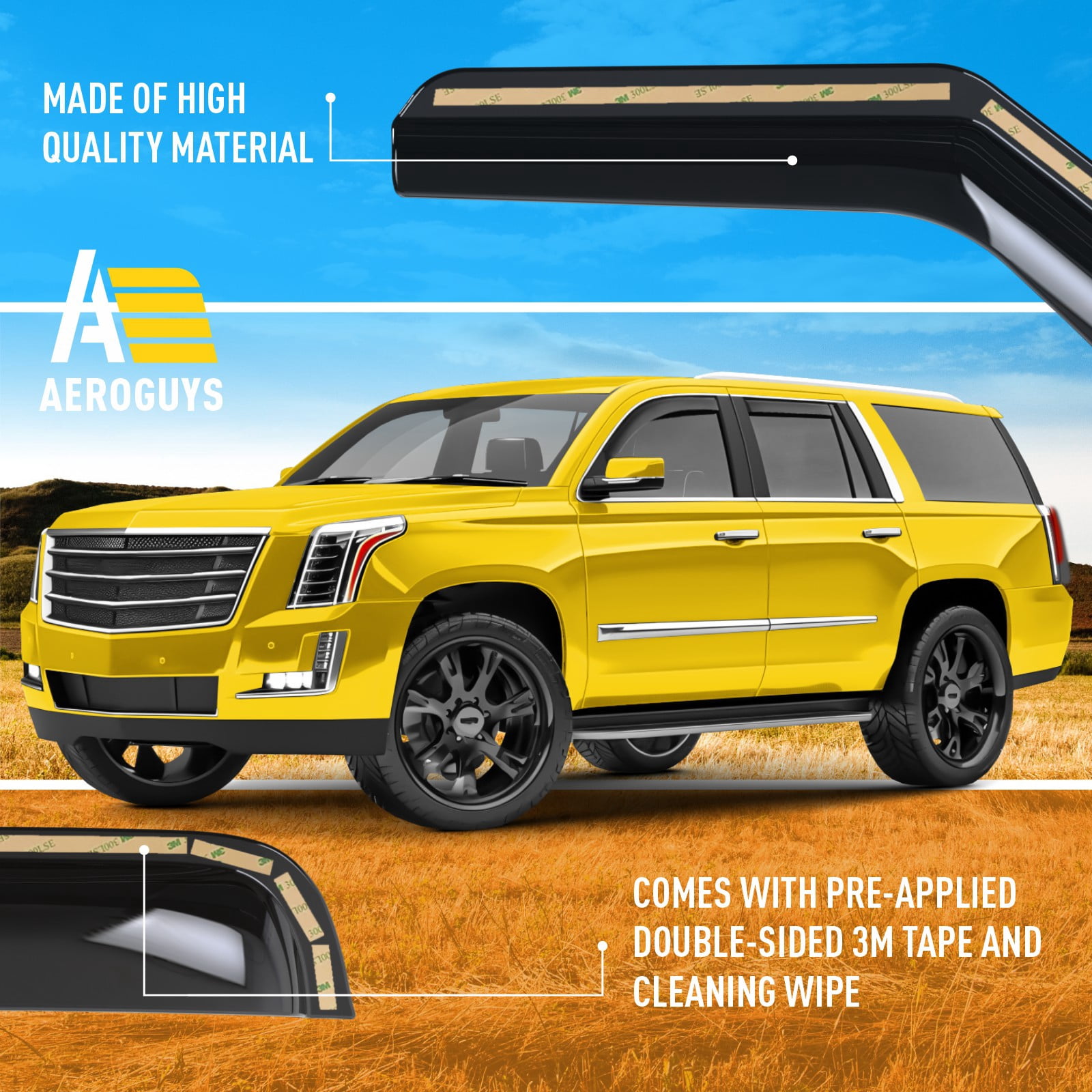 AEROGUYS In-Channel Window Deflectors Extra Durable Window Visors Rain Guards Compatible with Cadillac Escalade 2015-2020, Sun Visors, Wind Vent Visors, Car Accessories - 4pcs. AG0203