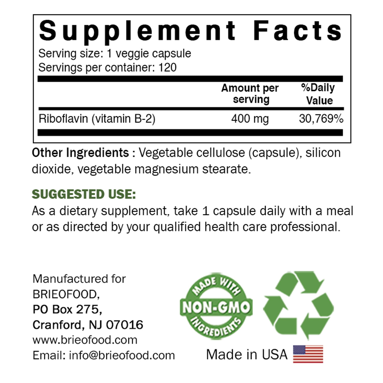 (3 pack) Brieofood Vitamin B2 (Riboflavin) 400mg, 120 Veggie Capsules - Gluten Free, Non-GMO
