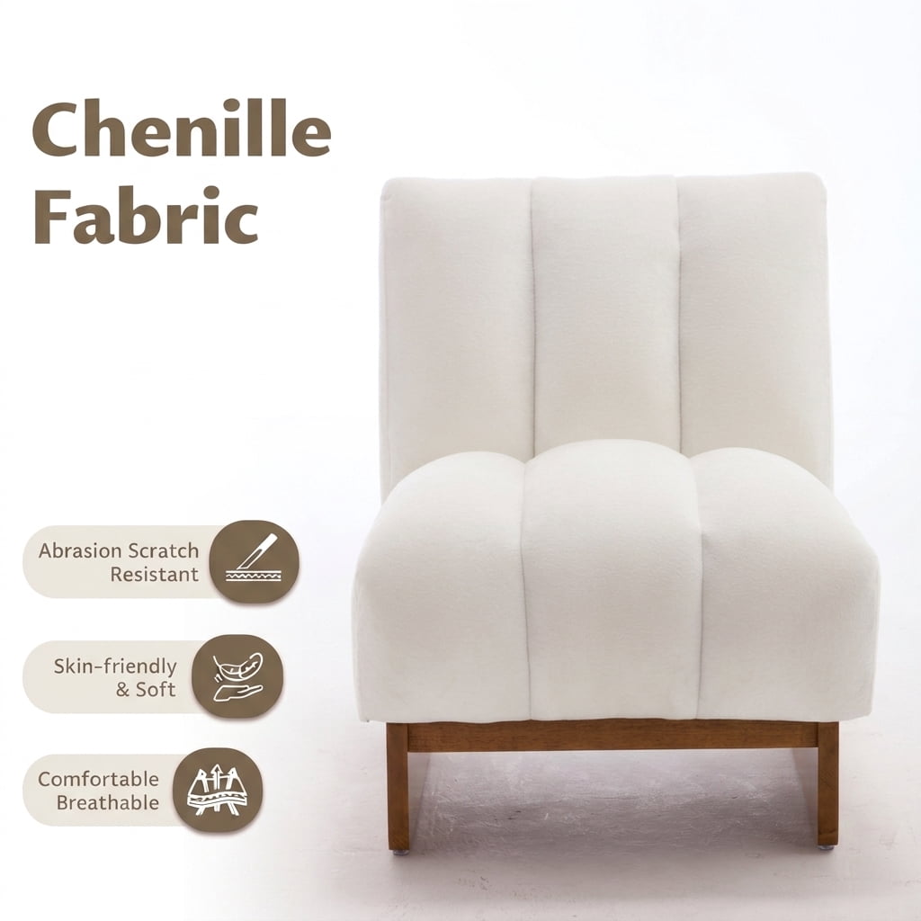 MOONMISS Modern Chenille Fabric Armchair with Wood Legs, Comfy Upholstered Reading Accent Chairs for Living Room,White