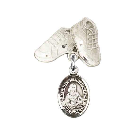 Sterling Silver Baby Badge with Our Lady of the Railroad Charm and Baby Boots Pin 1 X 5/8 inches