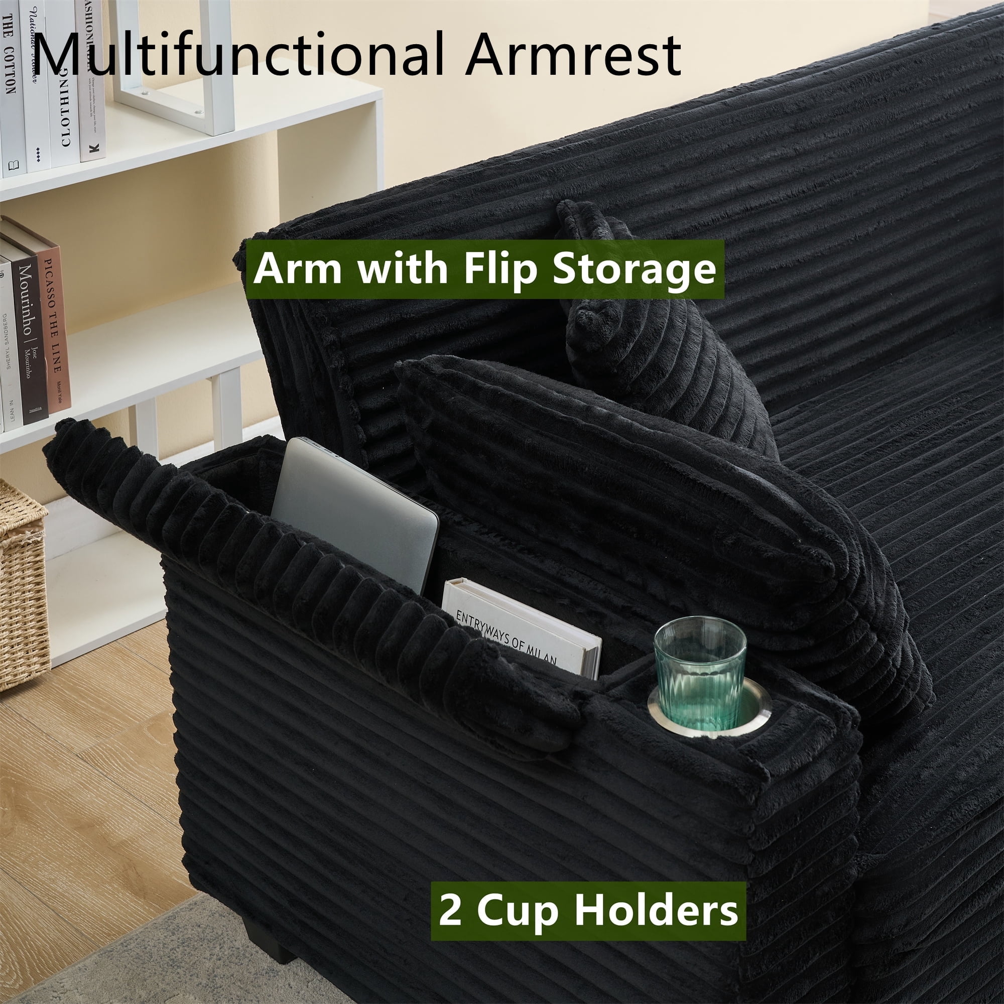 Aukfa 80" Comfy 3 Seat Sofa Convertible Sleeper Sofa Bed with Storage Armrest& Cup Holders for Living Room, 4 Pillows, Corduroy, Black