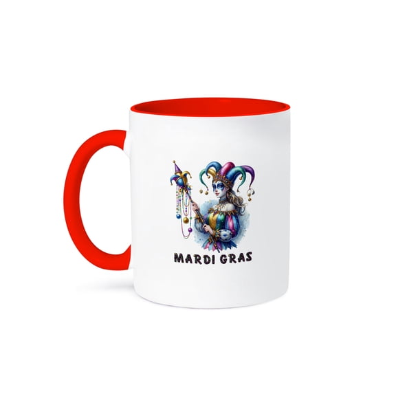 3drose, Charming Mardi Gras Girl Harlequin with a Jester Cane Elegant Gift, 15oz Two-tone Red Mug