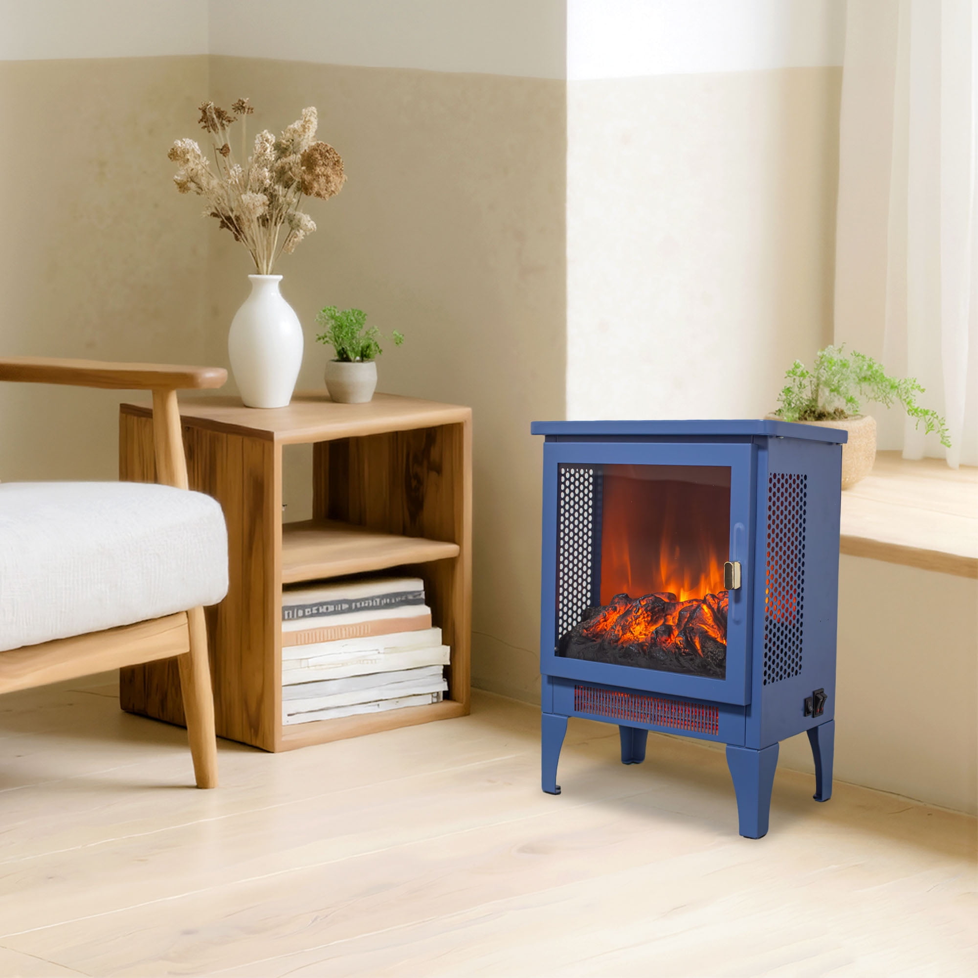 17 Inch Freestanding Electric Fireplace Stove Heater With Stunning 3D Flame Effect Ideal For Year-Round Warmth， Blue