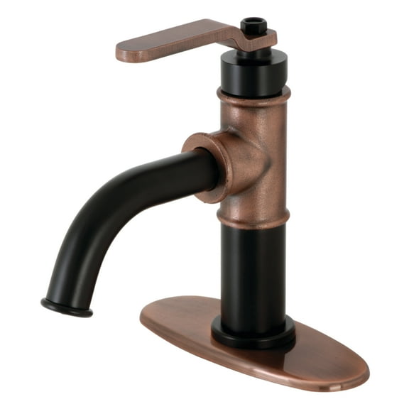Kingston Brass KSD282KLAC Whitaker One-Handle Single-Hole Bathroom Faucet with Deck Plate and Push Pop-Up Drain, Matte Black/Antique Copper