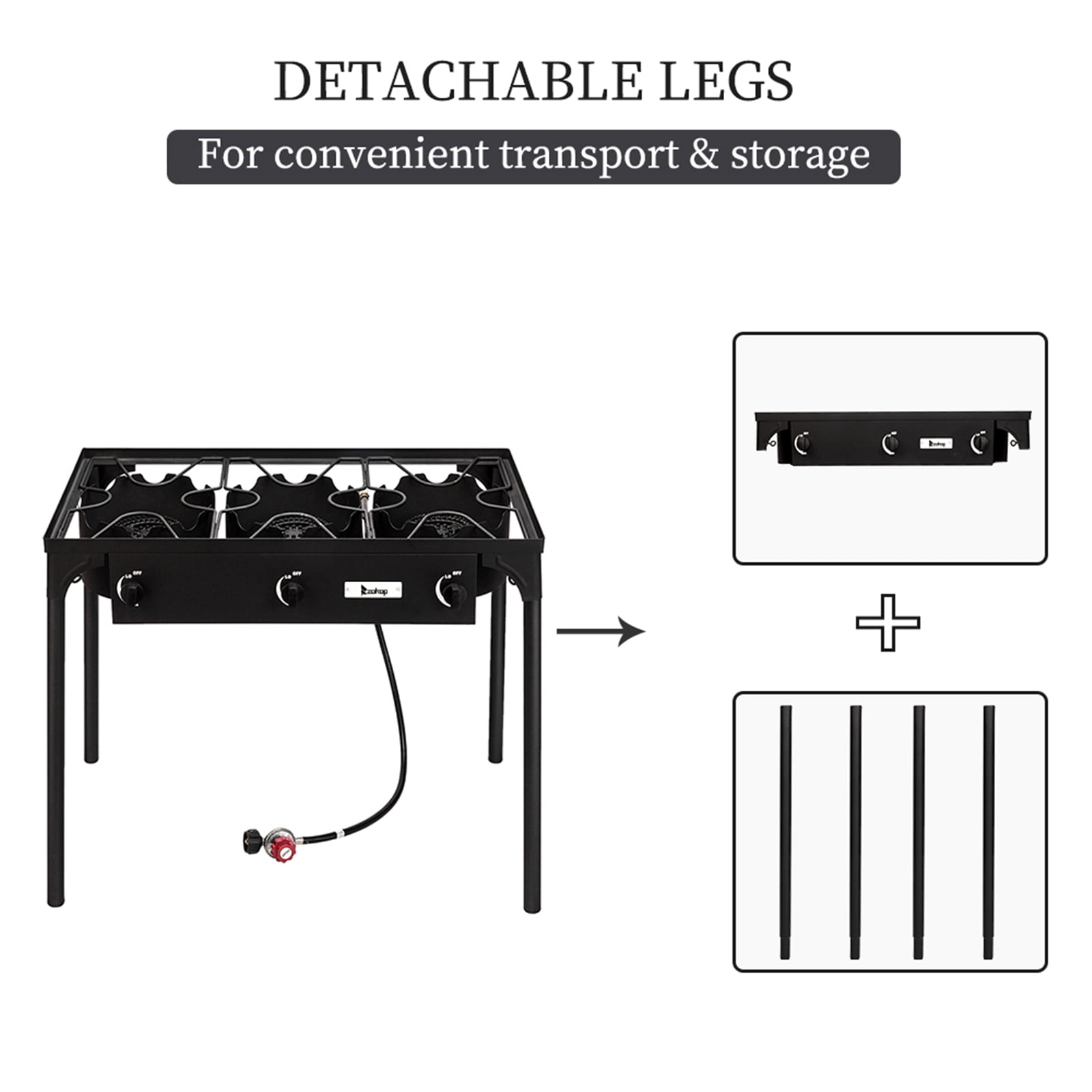 Topcobe Portable Propane Gas Cooker, Iron Cast Patio Burner, Outdoor Stove for Camp Cooking (Three Burner 225000-BTU)