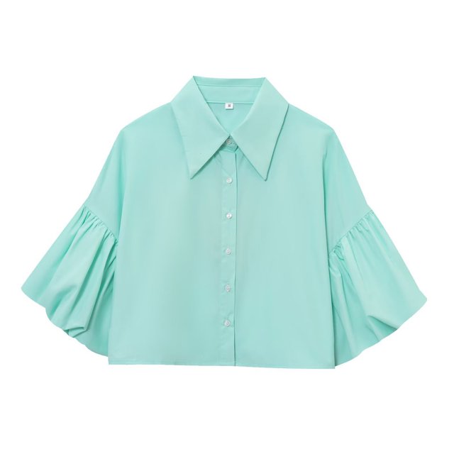 Womens Puff Sleeve Crop Top Fashion Button Down Collared Shirts Drop Shoulder Cute Cropped Blouses (M, Sky Blue)