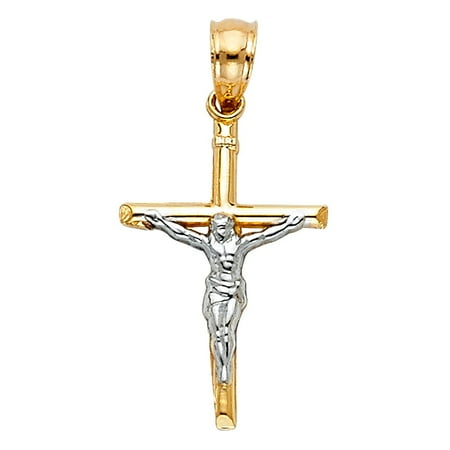 - Simple Religious Cross Jewelry Accesorry 14k Solid Gold Two Tone Small Crucifix Pendant Jesus Christ Charm 20mm x 13mm
