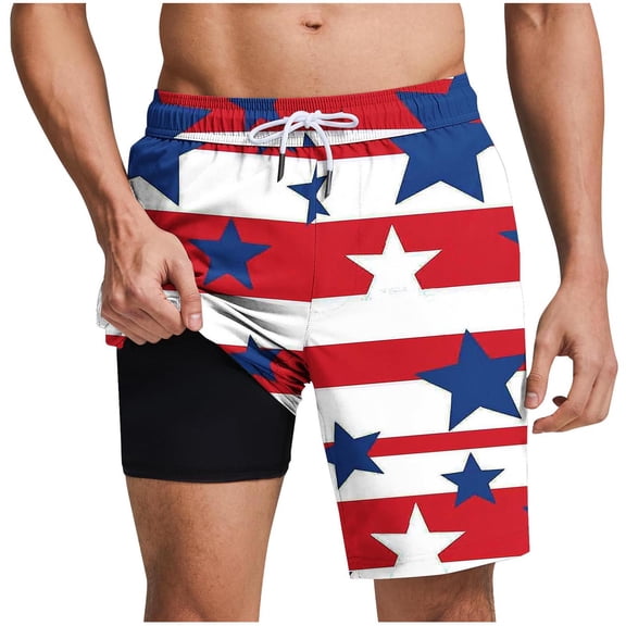 cocolona Mens Summer Casual Swim Board Shorts Fourth of July Printed Elastic Waist Stretch Beach Shorts with Pockets