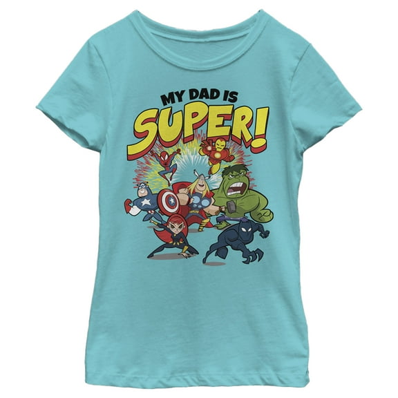 Girl's Marvel My Dad is Super Cartoon Avengers  Graphic Tee Tahiti Blue X Large