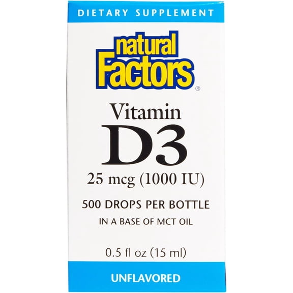 Natural Factors Vitamin D3 Drops 1000 IU (25 mcg), Supports Strong Bones and Immune Function, 0.5 Oz