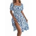 thumbnail image 3 of Women Off Shoulder Dress Floral Puff Sleeve Knee-Length A-Line Square-Neck Dresses Blue L, 3 of 9