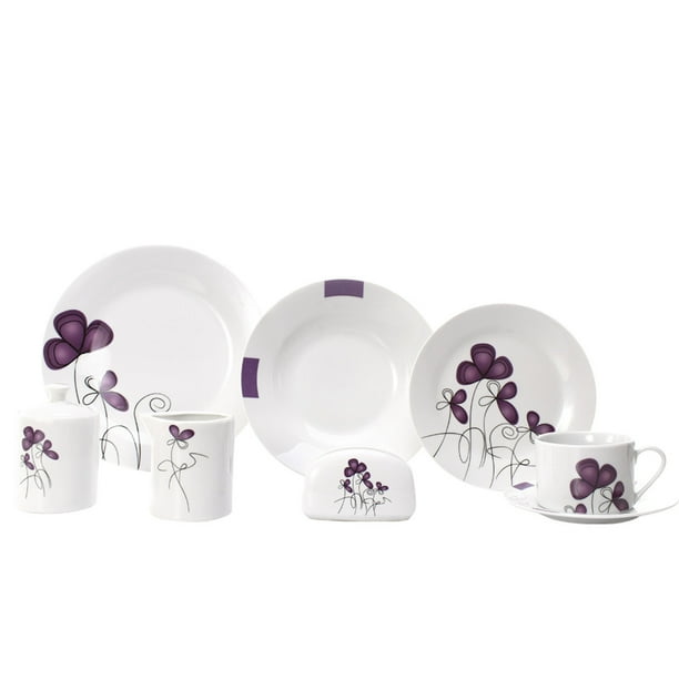 CROWN BACCARA VAJILLA 24 PIEZAS DISENO FLORES MORADAS CROWN