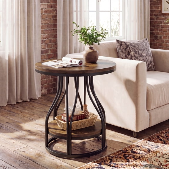Tribesigns 2-Tier Round Side Table, Industrial End Table Bedside Table with Metal Frame & Open Shelf for Couch Side, Living Room (1PC, Brown & Black)