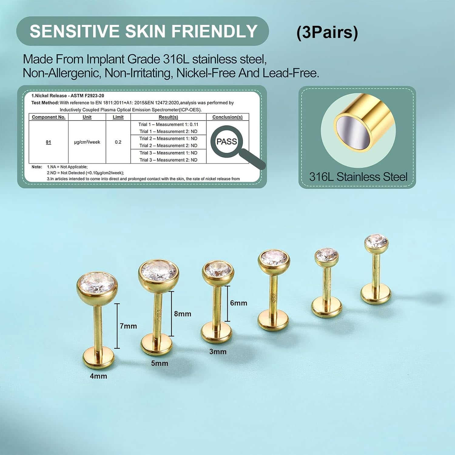 3 Quality Pairs 14K Gold-Filled Titanium Surgical Steel Earrings, Stud Earrings, Ear Pins (Gold)[p523]