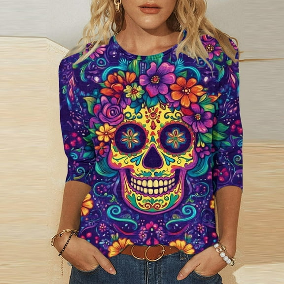 Hueook Shirts for Women Thermal Shirts for Women Ladies' Day Of The Dead Printed Round Neck Three Quarter Sleeve 3/4 Sleeve T-shirt Loose Top Long Sleeved Round Neck Top/shirt Multicolor 4X
