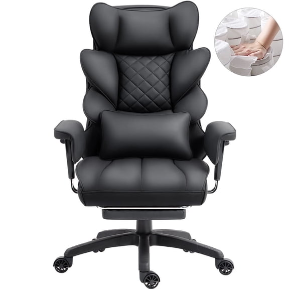 Goosea Big & Tall Office Chair - PU High Back Gaming/Executive Desk Chair with Pocket Spring Cushion, Adjustable Armrests, Lumbar Support & Footrest，Black