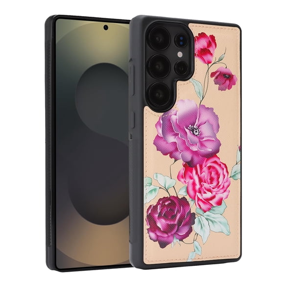 Case for Samsung Galaxy S25, Floral Pattern PU Leather Cute Phone Case for Women Girls, for Women Girls Protective Durable TPU Bumper Shockproof Phone Cover, Beige
